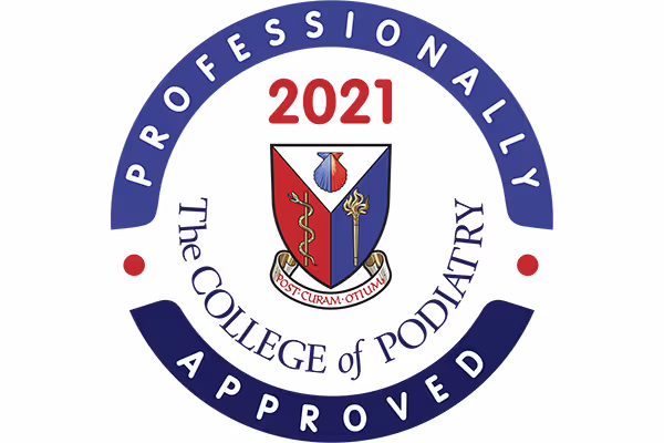 Seal of approval from The College of Podiatry, dated 2021, with a central shield emblem.