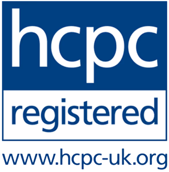 Logo with "hcpc registered" in blue and white, featuring website address www.hcpc-uk.org.