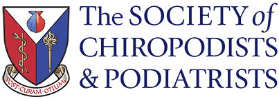 Logo of The Society of Chiropodists & Podiatrists featuring a crest with a foot-related emblem.